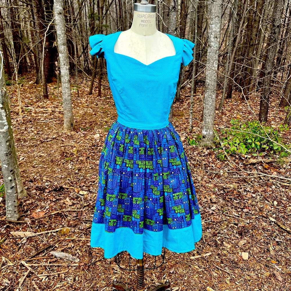 Doctor Who TARDIS Blue Dot Retro Pinup Fandom Swing Dress w/Pockets
